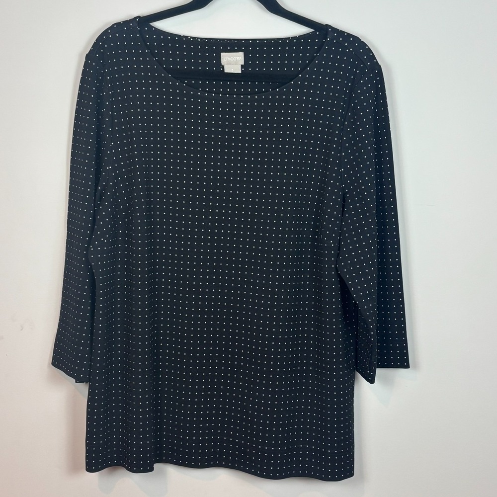 Chicos Womens Black Polka Dot 3/4 Sleeve Stretch Heavyweight Tee SZ 3/XL Classic